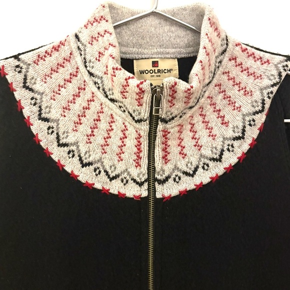 WOOLRICH Wool Vest Womens Large Black Fair Isle Zip Sweater, black, red and gray - Picture 3 of 5